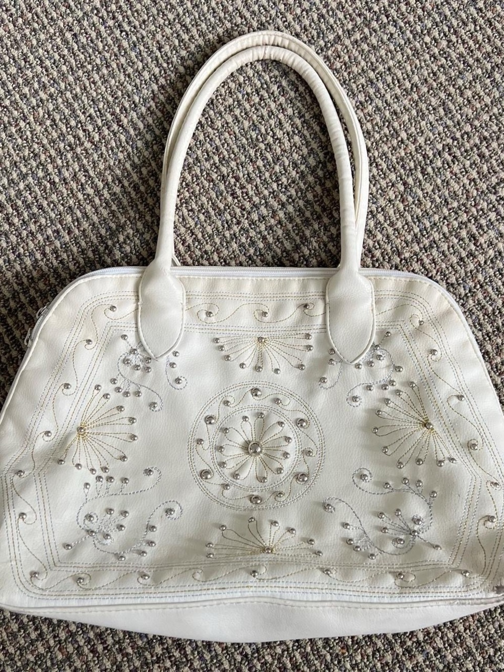 Vintage White Beaded Embellished Tote Bag - Elegant Women's Shoulder Bag